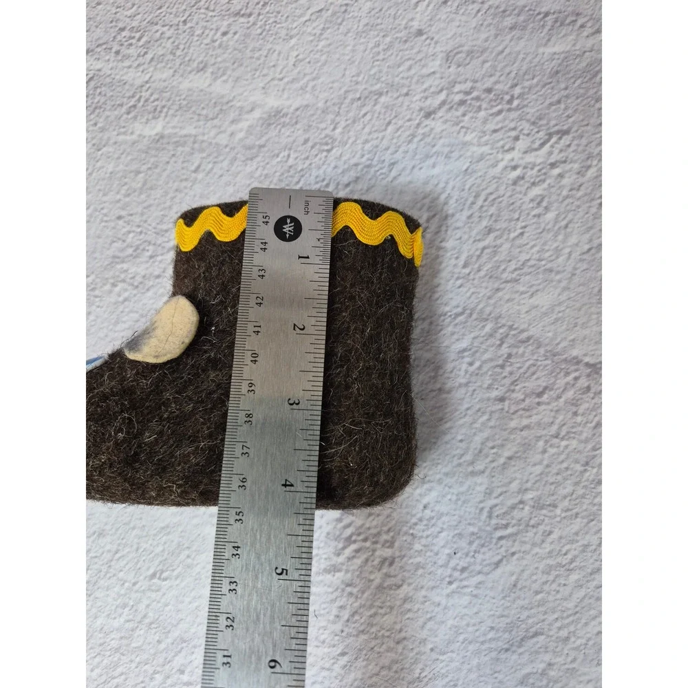 Kids Felted Wool Animal Slipper Boots Brown Yellow Ric-Rac Trim Cozy Winter